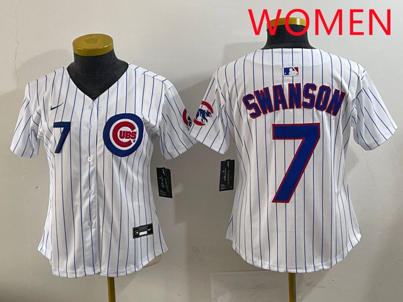 Women 2025 Chicago Cubs #7 Swanson White Stripe Game Nike MLB Jersey style 2
